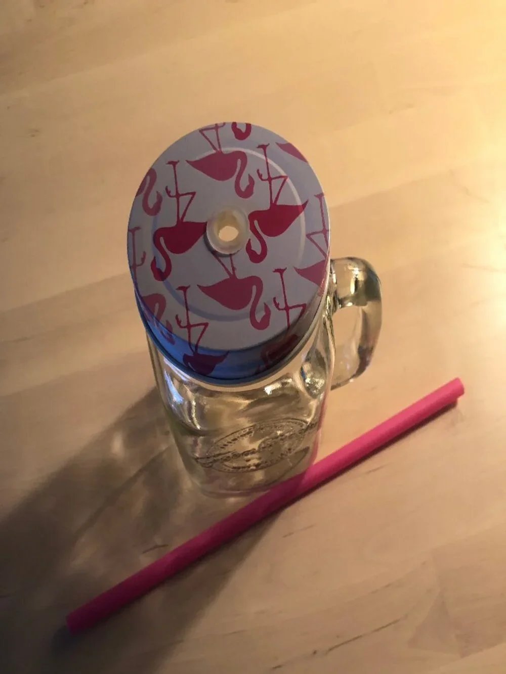 Mason Jar with Handle - Pink Flamingo Lid & Straw